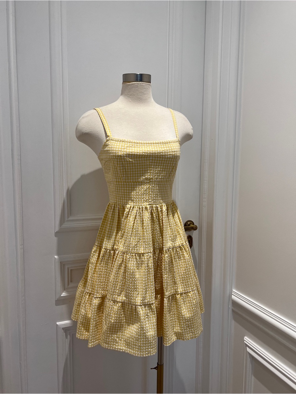 Yellow Gingham Tiered Mini Dress with Spaghetti Straps